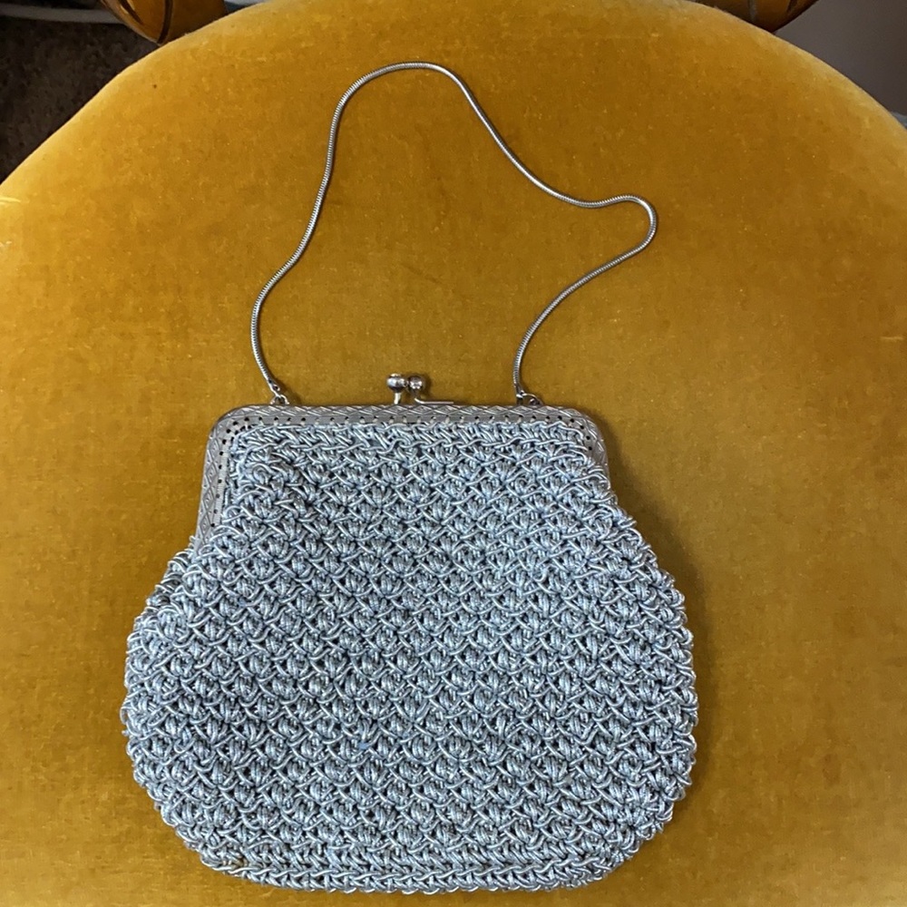 VTG 50’s Silver Woven Knitted Crochet Rhinestone Kisslock Purse Bag - Picture 3 of 10